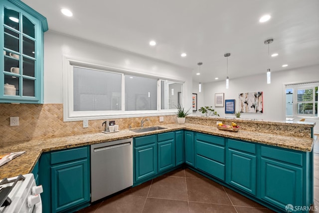 1871 Alemany Blvd, San Francisco, CA 94112 - kitchen with dishwasher, a sink, range, a peninsula, and dark tile patterned flooring