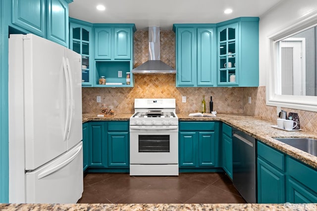 1871 Alemany Blvd, San Francisco, CA 94112 - kitchen with white appliances, wall chimney range hood, dark tile patterned flooring, light stone countertops, and recessed lighting