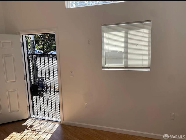 entryway with baseboards and wood finished floors