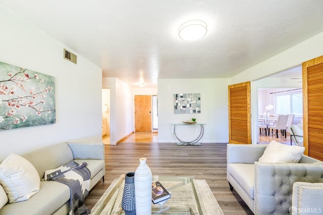 living room featuring wood-type flooring and a textured ceiling