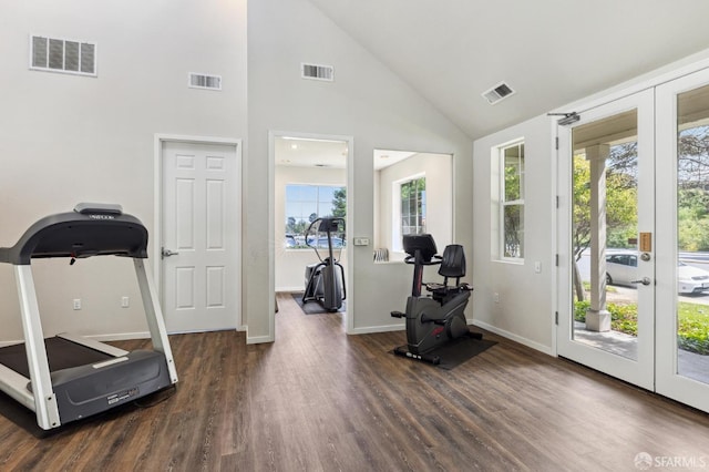 workout area featuring dark hardwood / wood-style floors, high vaulted ceiling, and french doors