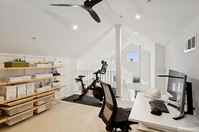 home office with lofted ceiling, carpet floors, and ceiling fan