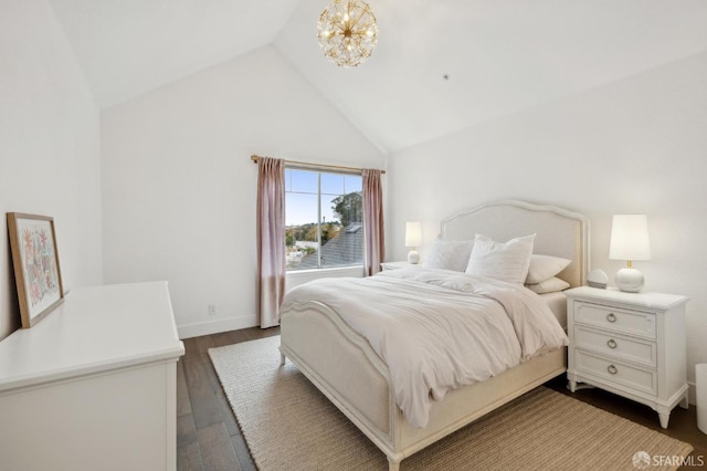 bedroom with high vaulted ceiling, a notable chandelier, and dark hardwood / wood-style flooring