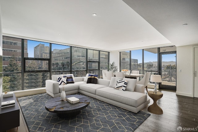 living room with floor to ceiling windows and wood-type flooring