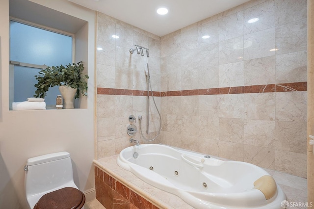 full bath featuring a combined bath / shower with jetted tub and toilet