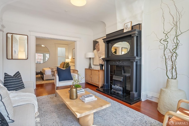 living room featuring a fireplace with raised hearth and wood finished floors