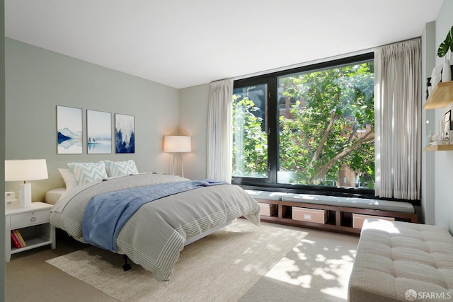 bedroom with light carpet and multiple windows