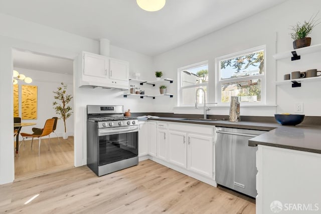 kitchen with open shelves, a sink, stainless steel appliances, under cabinet range hood, and dark countertops