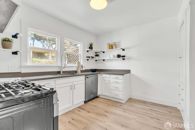 kitchen featuring light wood finished floors, open shelves, a sink, dishwasher, and dark countertops