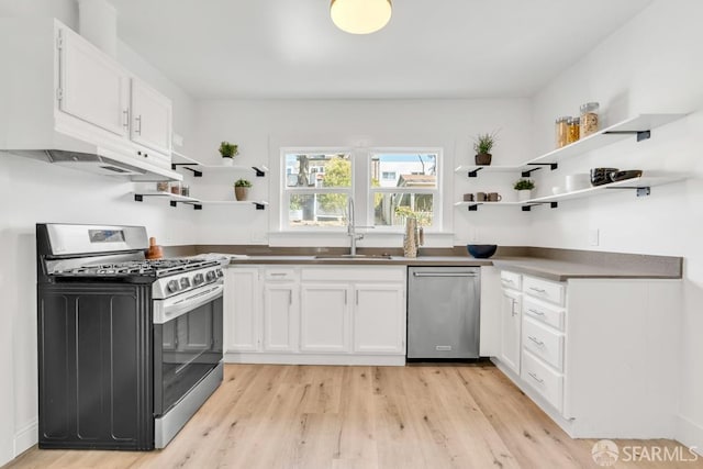 kitchen featuring light wood-style flooring, open shelves, a sink, white cabinetry, and stainless steel appliances