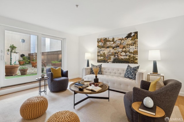 living area featuring baseboards and wood finished floors