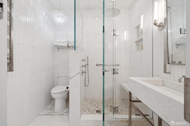 bathroom featuring vanity, tile walls, toilet, and a shower stall
