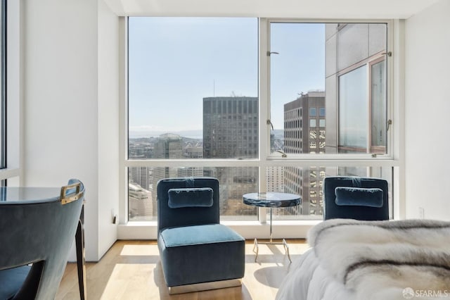 interior space featuring a city view, floor to ceiling windows, and wood finished floors