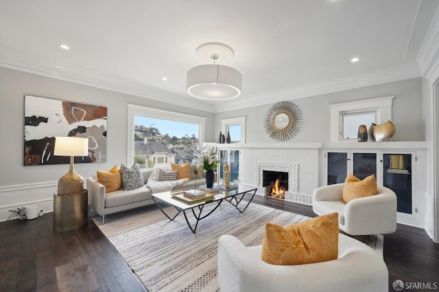 living room with crown molding, a fireplace, and hardwood / wood-style flooring