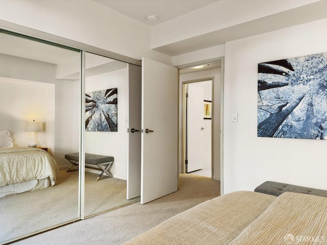 bedroom featuring light carpet and a closet