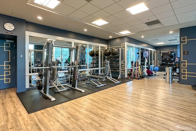 gym with a drop ceiling and hardwood / wood-style flooring