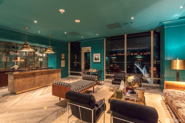 interior space featuring light parquet flooring and bar