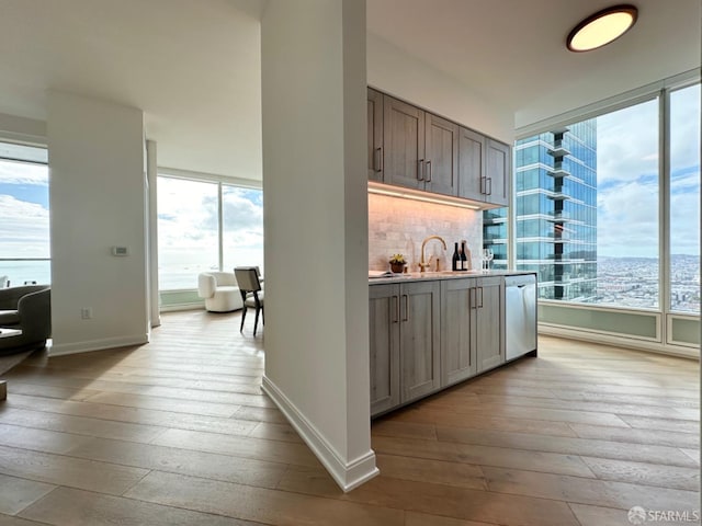 kitchen with stainless steel dishwasher, sink, light hardwood / wood-style flooring, and tasteful backsplash