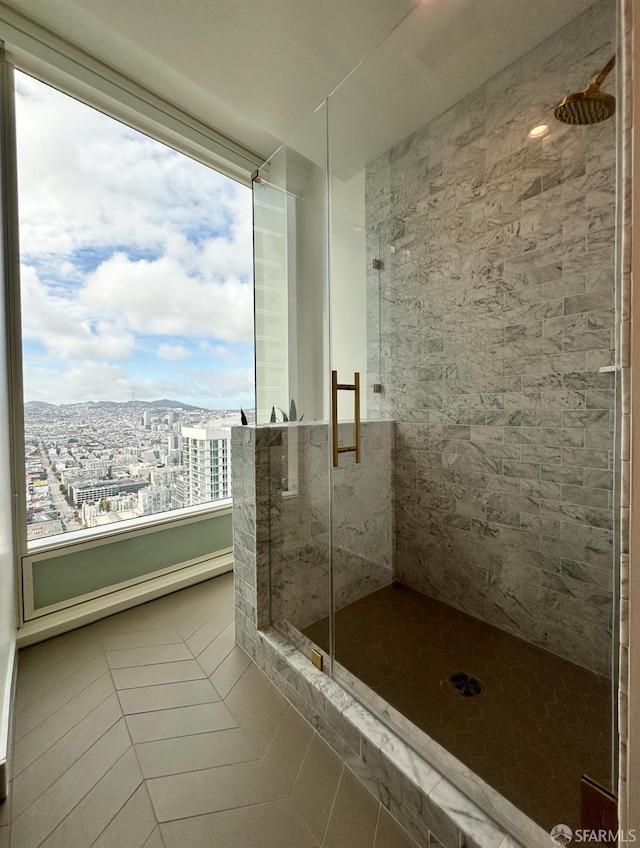 401 Harrison St Unit 48C, San Francisco, CA 94105 - bathroom with tile patterned floors, a shower stall, and a city view
