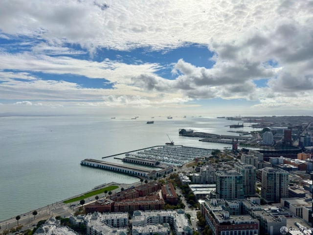 bird's eye view with a water view