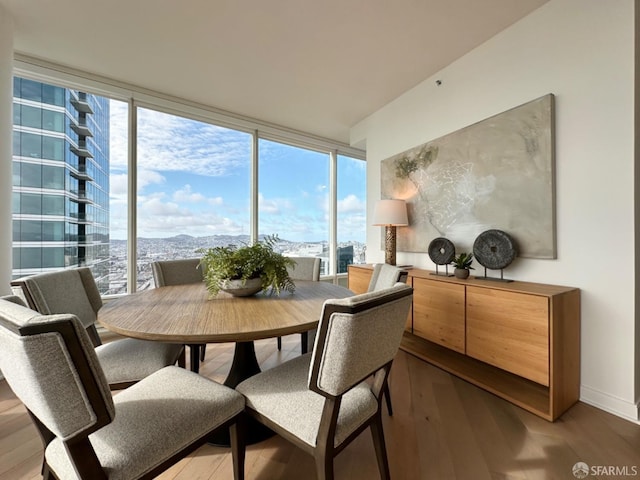 401 Harrison St Unit 48C, San Francisco, CA 94105 - dining area with baseboards, a wall of windows, a mountain view, and light wood-style floors