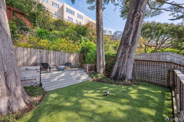 view of yard with a wooden deck and a fenced backyard