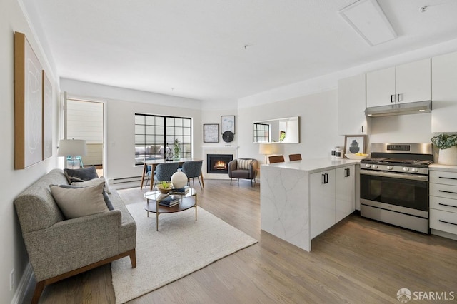 kitchen with kitchen peninsula, white cabinetry, stainless steel range with gas stovetop, and hardwood / wood-style flooring