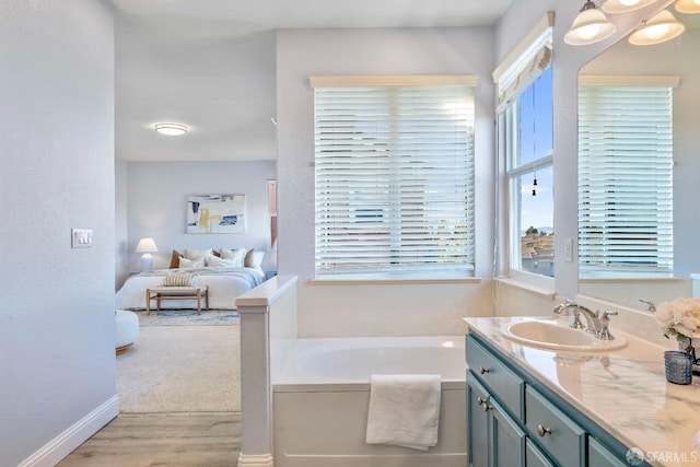 bathroom with hardwood / wood-style flooring, vanity, and a bathing tub