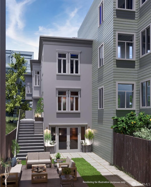 back of house featuring an outdoor living space, french doors, stairs, and stucco siding