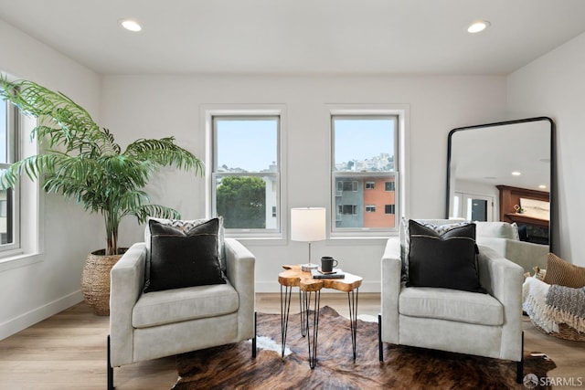 living area featuring plenty of natural light and light hardwood / wood-style floors