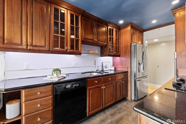 kitchen featuring stainless steel refrigerator with ice dispenser, black dishwasher, gas stovetop, ornamental molding, and sink