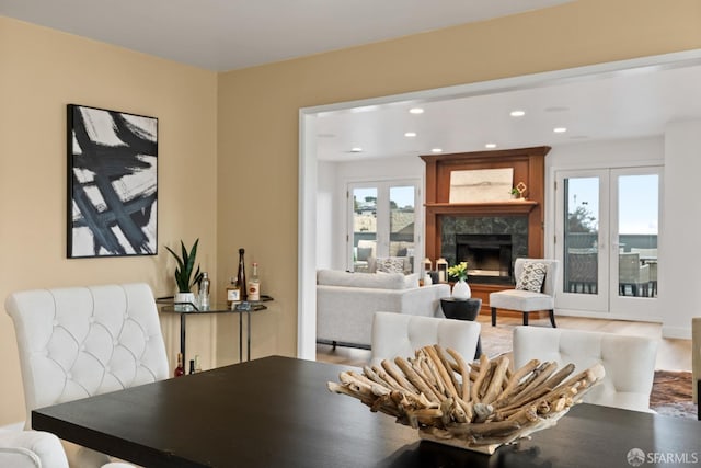 dining room featuring a fireplace