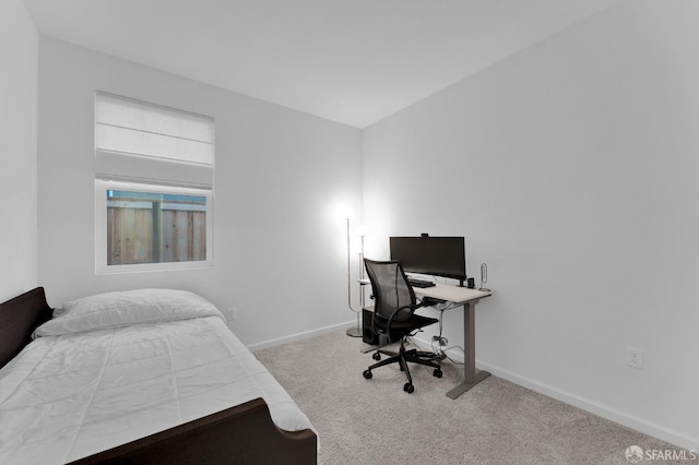 bedroom featuring light colored carpet