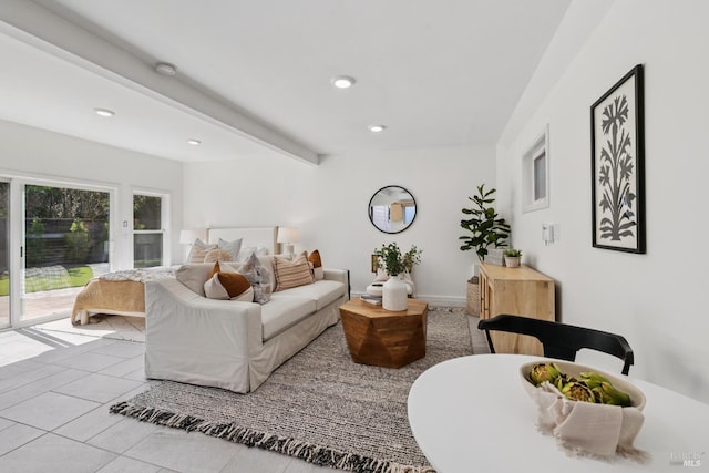 703 W St, Petaluma, CA 94952 - tiled living room featuring recessed lighting and beamed ceiling