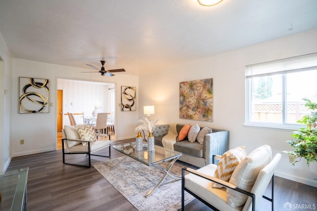4301 Hillview Dr, Pittsburg, CA 94565 - living area featuring a ceiling fan, baseboards, and dark wood-style flooring