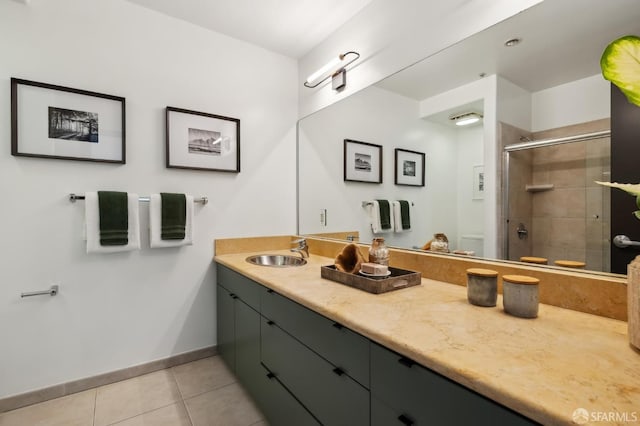 bathroom with tile patterned floors, vanity, toilet, and a shower with door