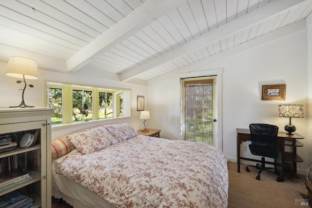 bedroom with access to outside, baseboards, lofted ceiling with beams, carpet, and wood ceiling