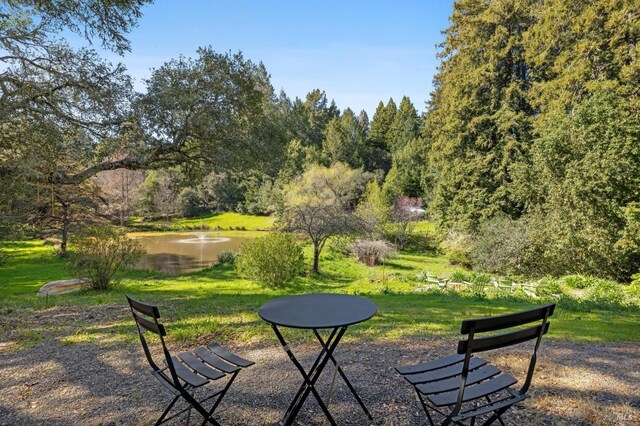 view of community with a water view and a lawn