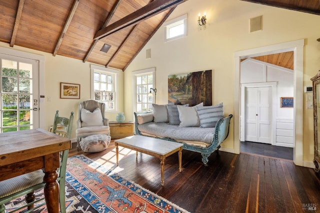 living room with visible vents, wood-type flooring, plenty of natural light, and wood ceiling