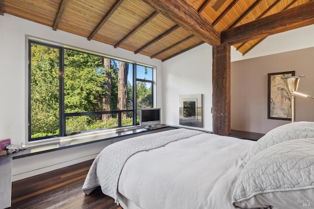 bedroom featuring wood finished floors, lofted ceiling with beams, and wood ceiling