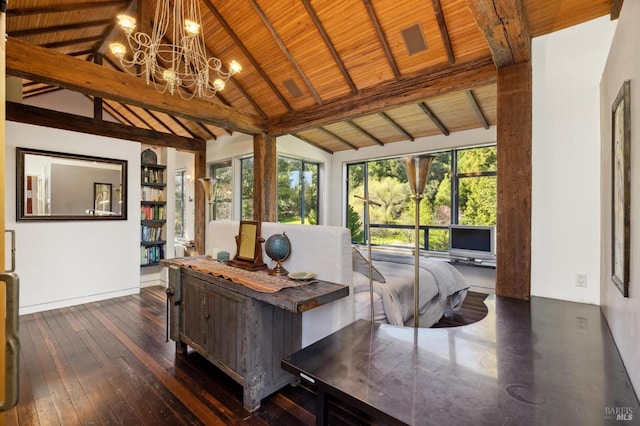 interior space with an inviting chandelier, beam ceiling, dark wood finished floors, high vaulted ceiling, and wood ceiling