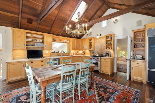 dining area with a chandelier, beamed ceiling, wooden ceiling, and dark wood finished floors