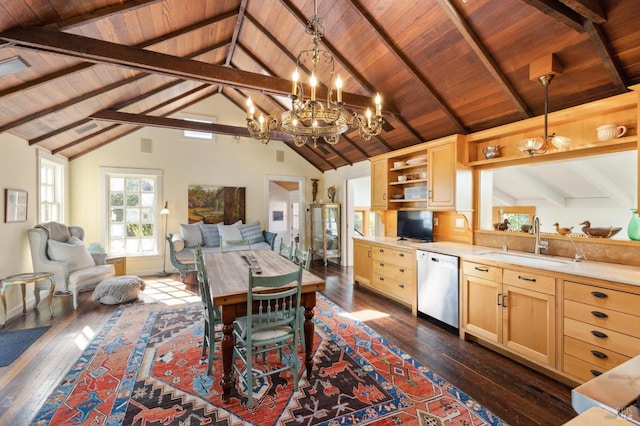 dining space with dark wood-style flooring, beamed ceiling, a chandelier, and wood ceiling