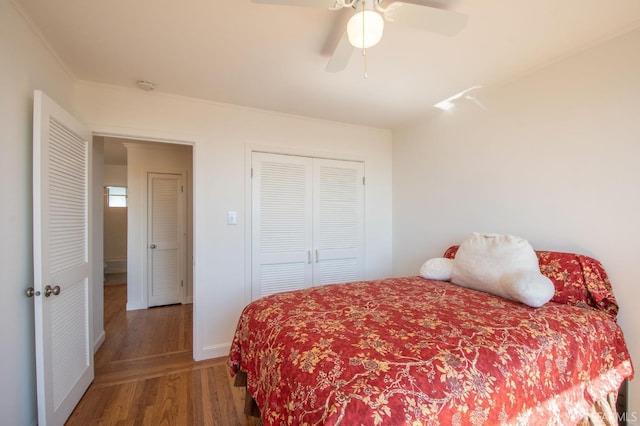569 Peralta Ave, San Francisco, CA 94110 - bedroom featuring wood finished floors, a closet, ceiling fan, and crown molding