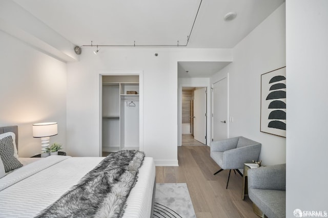 bedroom featuring track lighting, a closet, light hardwood / wood-style floors, and a walk in closet