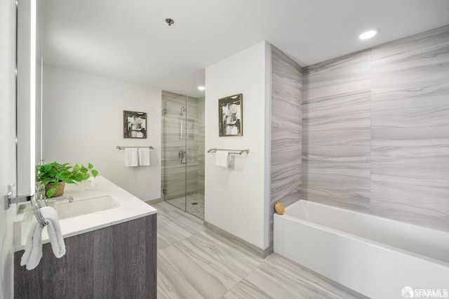 bathroom with vanity and plus walk in shower