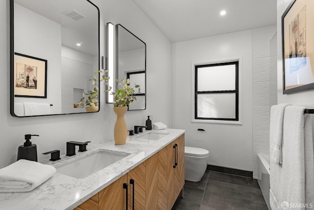 full bathroom with tile patterned flooring, vanity, shower / washtub combination, and toilet