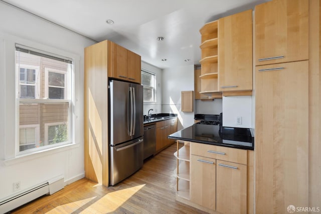 1375 Sacramento St, San Francisco, CA 94109 - kitchen featuring open shelves, stainless steel appliances, baseboard heating, and light wood-type flooring