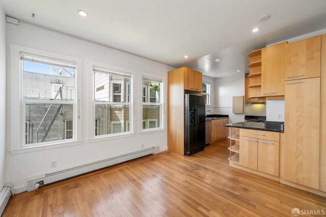 1375 Sacramento St, San Francisco, CA 94109 - kitchen featuring open shelves, black fridge with ice dispenser, a baseboard radiator, stainless steel dishwasher, and recessed lighting