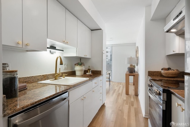 kitchen with light wood finished floors, stainless steel appliances, white cabinets, a sink, and extractor fan